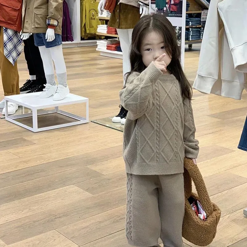 Clothing Sets Korean 2023 Autumn Young Kid Girl 2PCS Clothes Set Cotton Rhombus Sweater Solid Loose Wide Leg Pants Children Outwear Suits