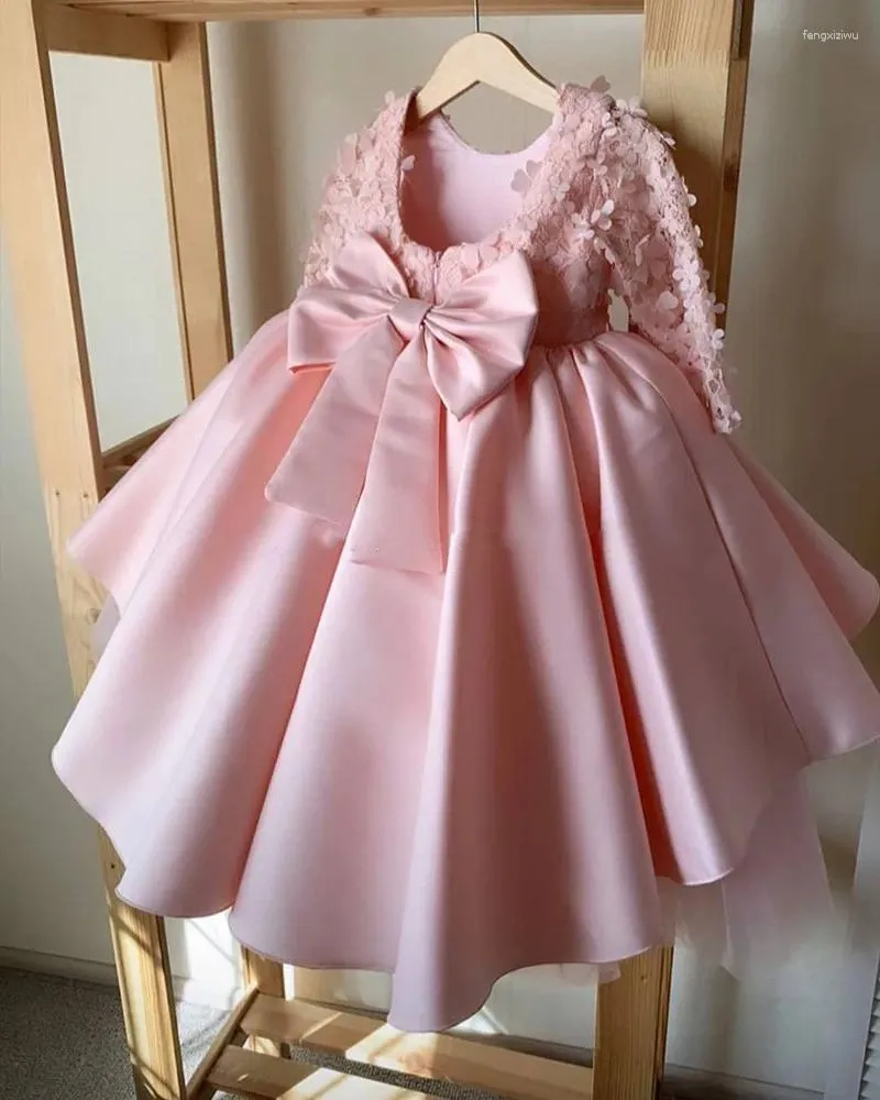 Robes de fille manches longues fleur robe de bal rose Satin Tulle enfants robes de reconstitution historique bébé infantile robe de fête d'anniversaire vêtements de cérémonie