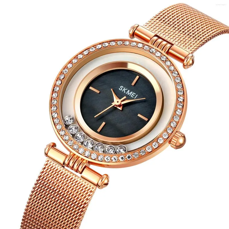 Avanadores de pulso Skmei elegante e elegante Women's Women's Women's Women's Rhinestone Mãe e Pérola Dial Delicate Simplicity Ultra Disc Quartz 1785