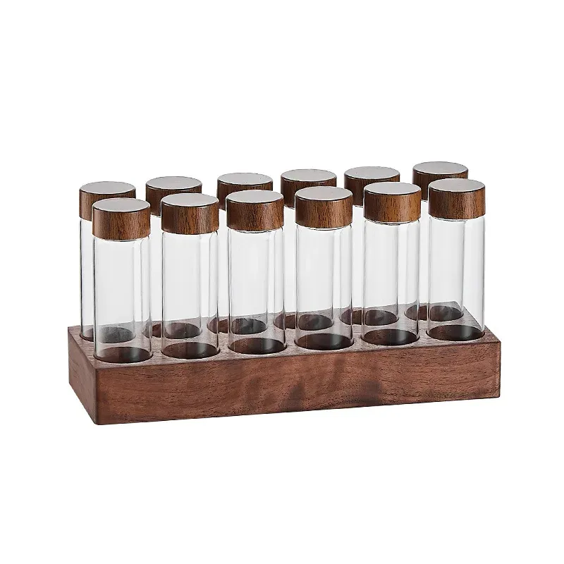 Kaffebönor förvaringsbehållare Display Rack Walnut Coffee Tea Tube Bottle Glass Espresso Coffee Accessories Tools Coffeware Set