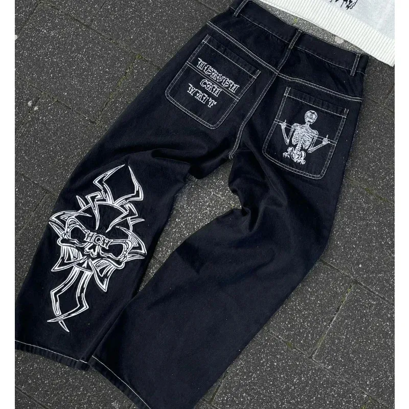 Mäns jeans y2k svart retro skalle demon demon tvättade mens high street försäljning baggy jean hip hop stretch midjebyxor 231122