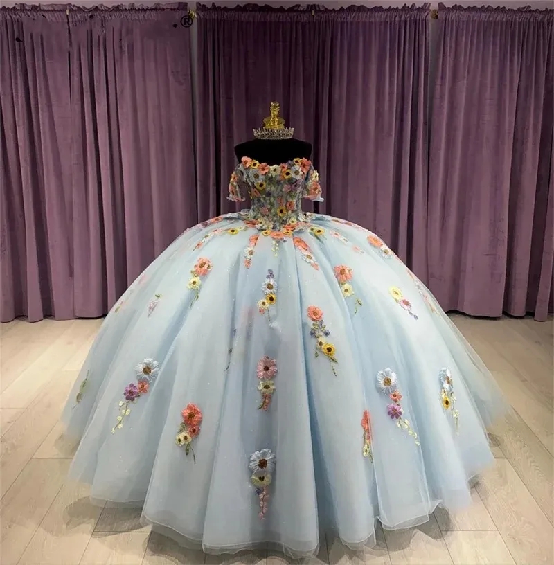 Doce 16 céu azul princesa quinceanera vestido fora do ombro flor apliques tule vestido de baile de luxo vestidos de 15 anos feito sob encomenda