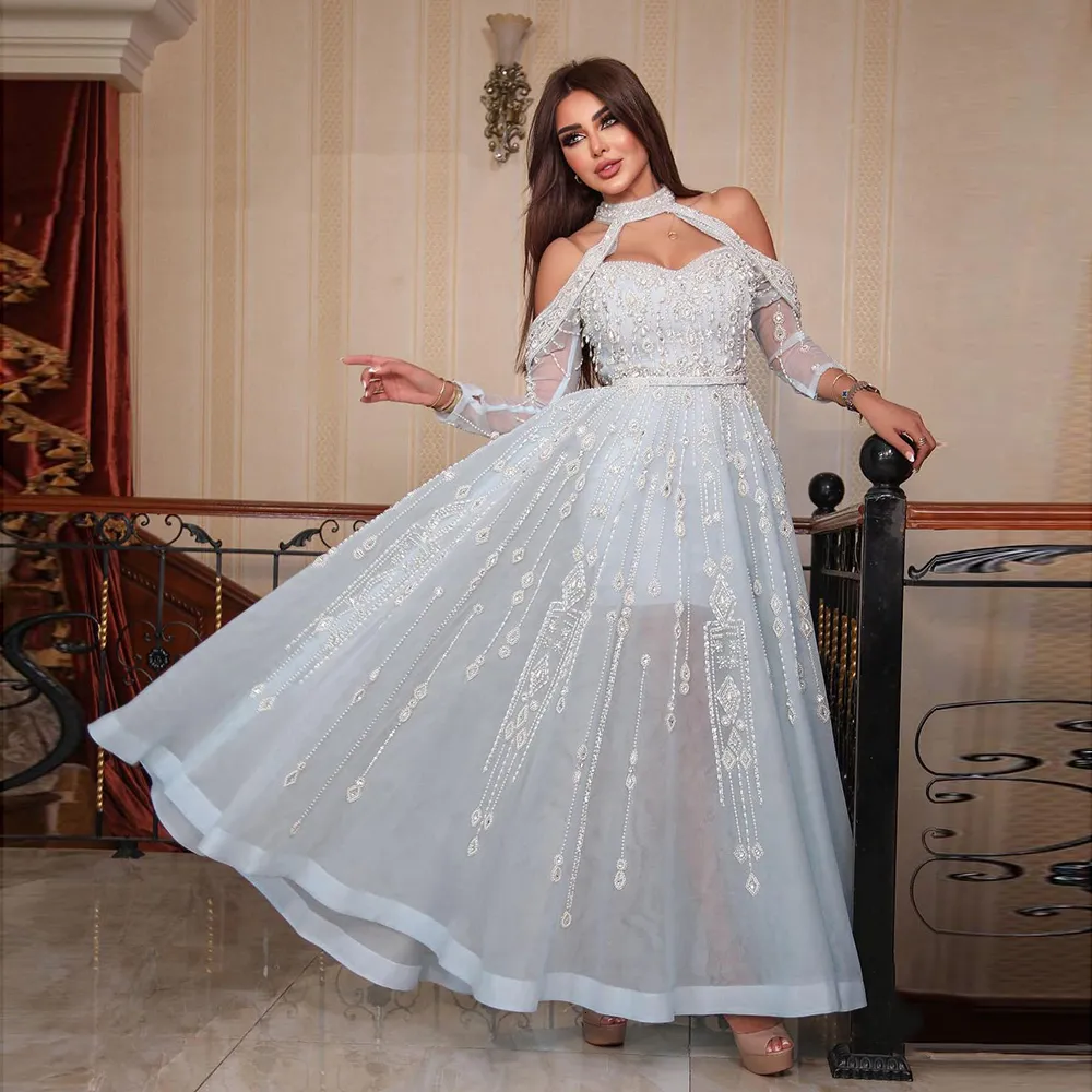 Feestjurken Sharon zei luxe Dubai lichtblauwe avondjurk voor vrouwen bruiloft Elegant Off Arabische formele jurken SS418 230422