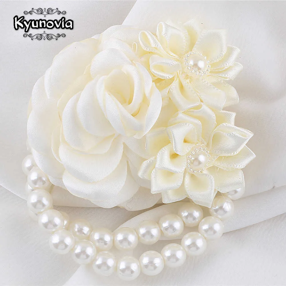 Other Fashion Accessories Ivory Cream Silk Flower Girl Bridesmaid Wedding Wrist Corsage Wedding Party Proom Hand Flower Pearl Wristlet Band Bracelet J230422