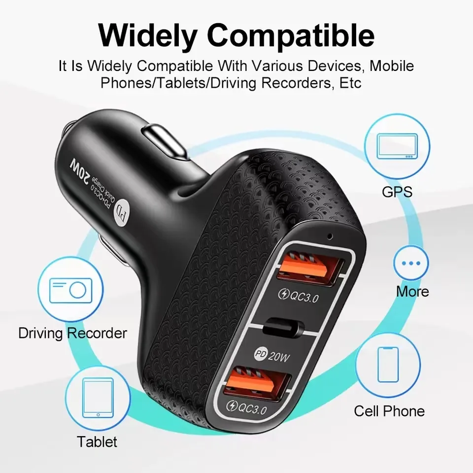 3 Ports PD 20W Car Phone  Fast Charging 3A QC3.0 Quick Charge Type C USB-C Chargers Auto Power Adapter For IPhone 14 13 12 Samsung Xiaomi GPS