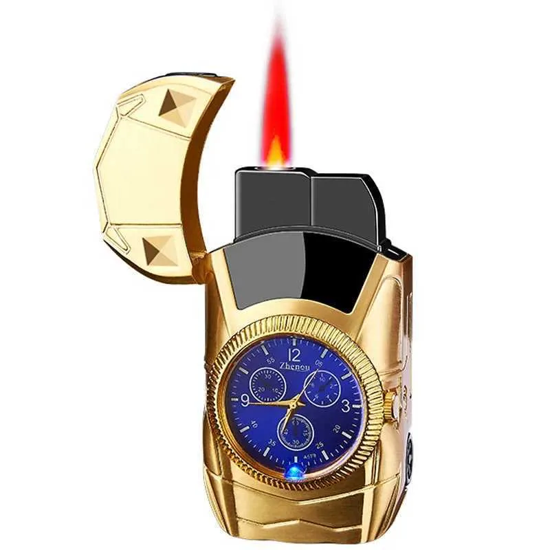 Briquets Nouvelle forme de voiture créative couleur lumière montre briquet métal coupe-vent Turbine puissante sans Jet de gaz torche hommes accessoires pour fumer