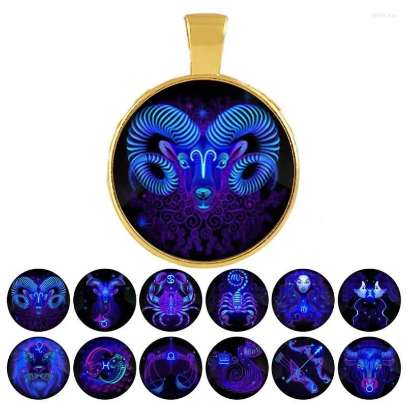 Porte-clés Créatif Douze Constellations Temps Gem Verre Patch Collier Porte-clés Explosion Alliage Pentagramme Suspendu