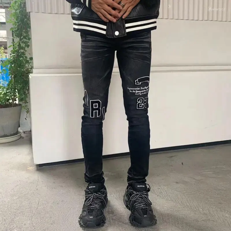 Mens Jeans Fashion Streetwear Men Buttons Fly Retro Black Gray Stretch Skinny Fit Ripped Patch Designer Hip Hop Pants