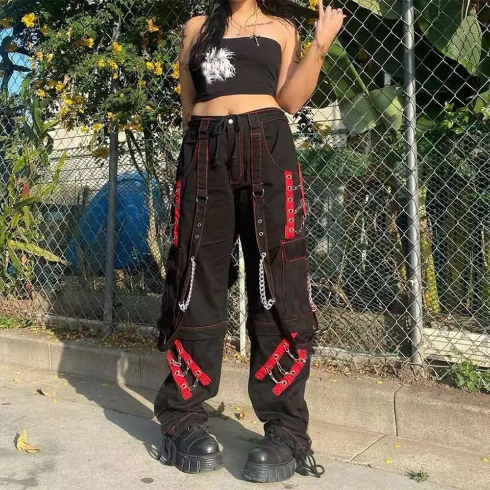 Hot Girl Gothic Clothes Bandage Chain Baggy Pants Women Hip Hop Vintage Trousers Punk Style Egirl Casual Streetwear Cloths S