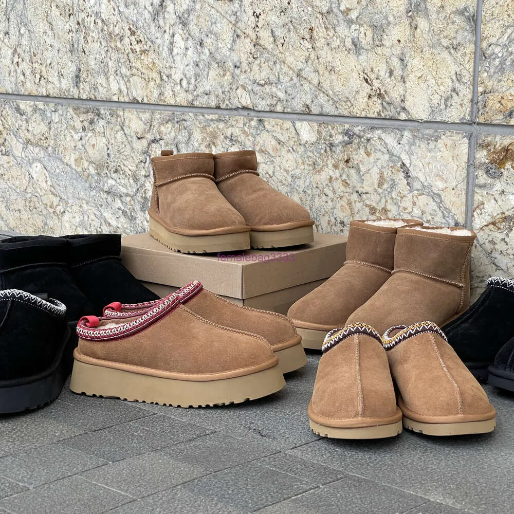 Women Tazz Kaptaki Tasman Slipper Fur Slajdes Wsuwane płaskie Slajdy Ultra mini platforma Buta Black Chestnut Zima Sugerowane botki kostki designerskie buty