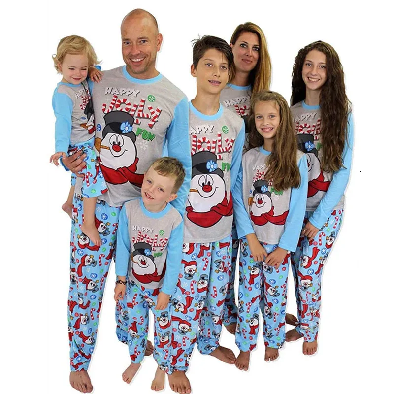 Conjunto de pijamas de Natal para a família, roupas combinando para a família, mãe e criança, estampa de boneco de neve, pijama quente, tops, calças, adulto, 2 peças, roupa de Natal 231123