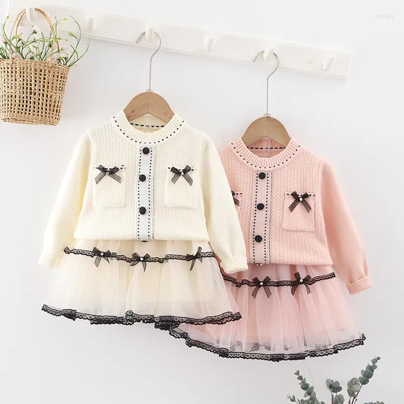 Pullover Girls Korean Cardigan Sweater Pure Color Short kjol Set Baby Girl Toddler Fall Clothes 2023