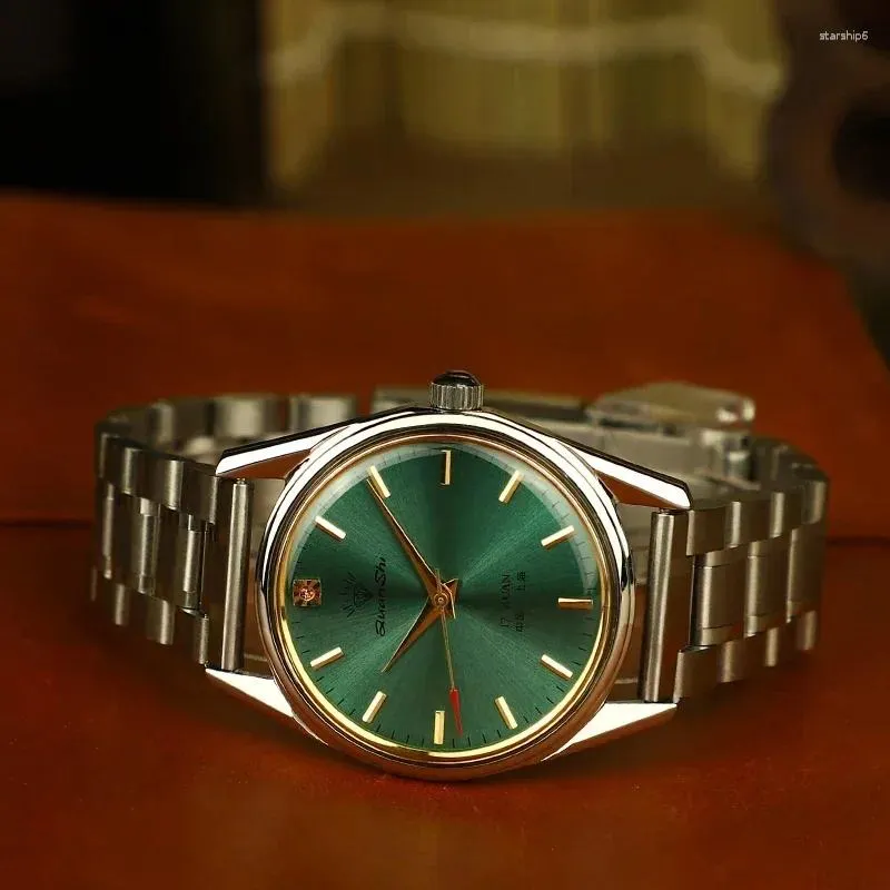 腕時計上海時計ダイヤモンドブランドレアグリーンダイヤル本物のヴィンテージマニュアル巻線ファインスチールストラップ