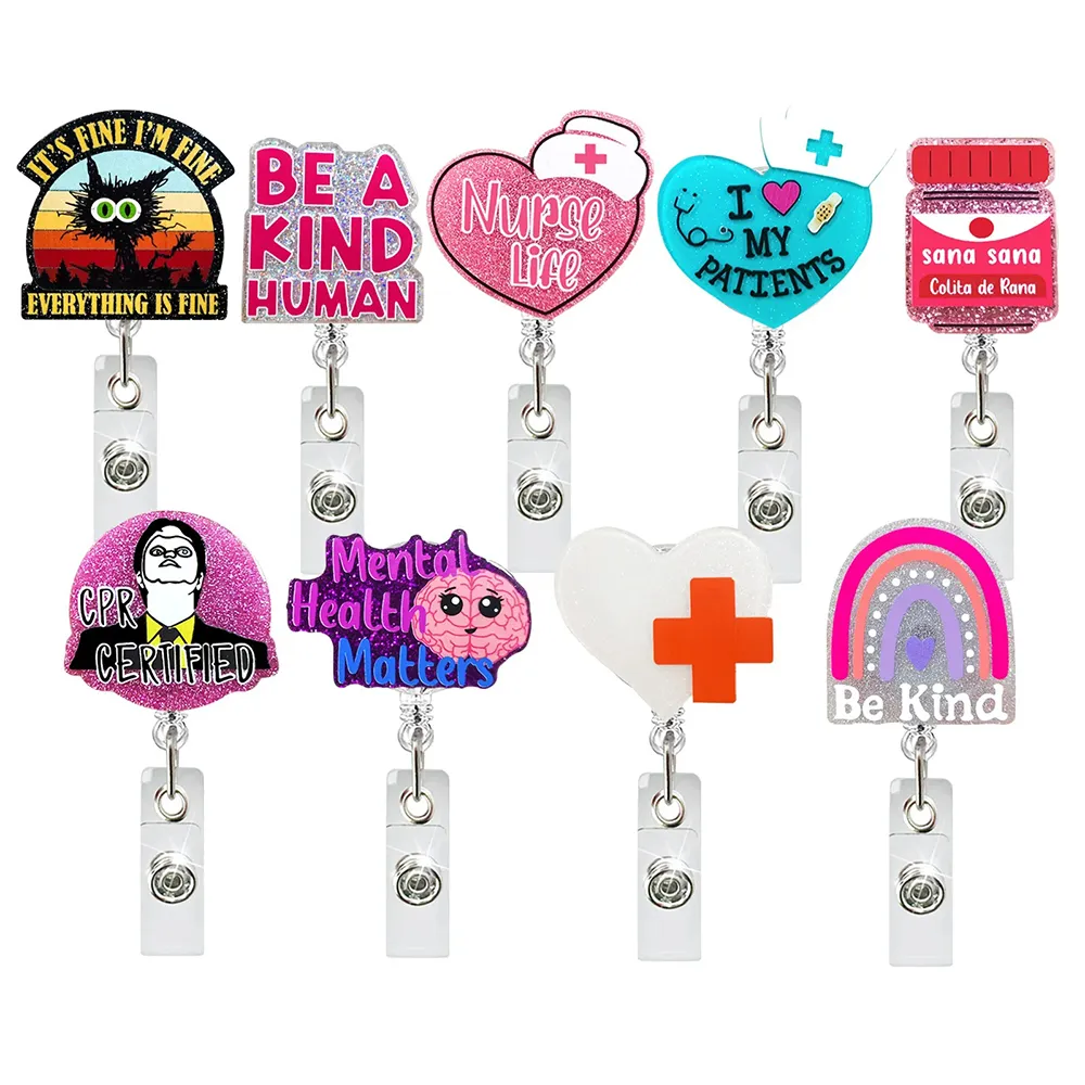 10 stks/partij Aangepaste sleutelhangers Nieuwe stijlen Scrub Life Acryl Glitter Badge Houder Verpleegkundige Accessoires Medische Serie Verpleging Student Verpleegster Life Badge Reel voor verpleegstersgeschenken