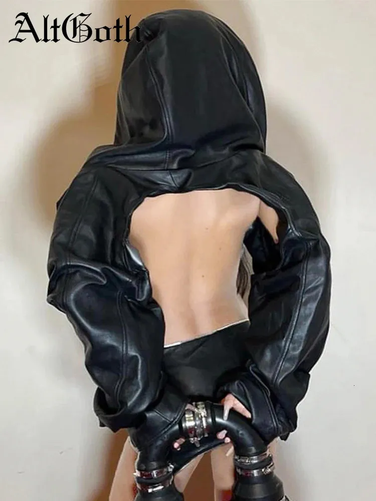 Женские куртки AltGoth Cyberpunk Dark Gothic Pu Crop Jacket Women Harajuku Streetwear Хип-хоп Эмо Alt Кожаные пальто с капюшоном с длинными рукавами Женские 231123