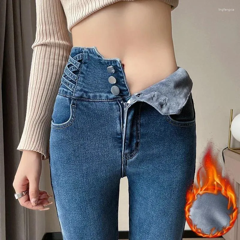 Kvinnors jeans vinter förtjockar fleece mager remmar hög midja mage kontroll bulift smala blyerts byxor mode koreanska y2k kvinna
