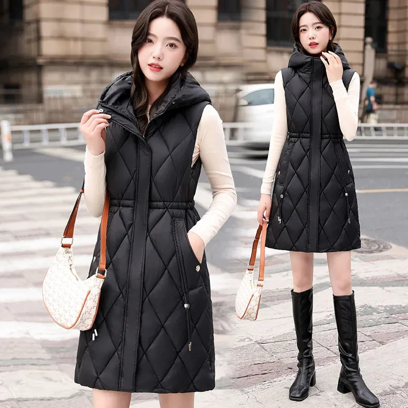 Womens Vests Autumn and Winter Long Cotton Tank Top Fashion Jacket Korean Hooded Sleeveless Coat Ultra Thin Thermal 231122
