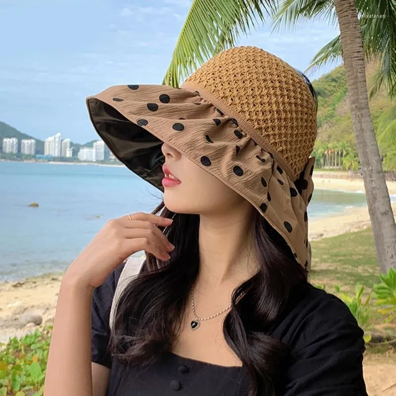 Wide Brim Hats Foldable Beach Large Hat Bows Decors Open Top Vinyl Coat Summer Protections For Women Girls Drop