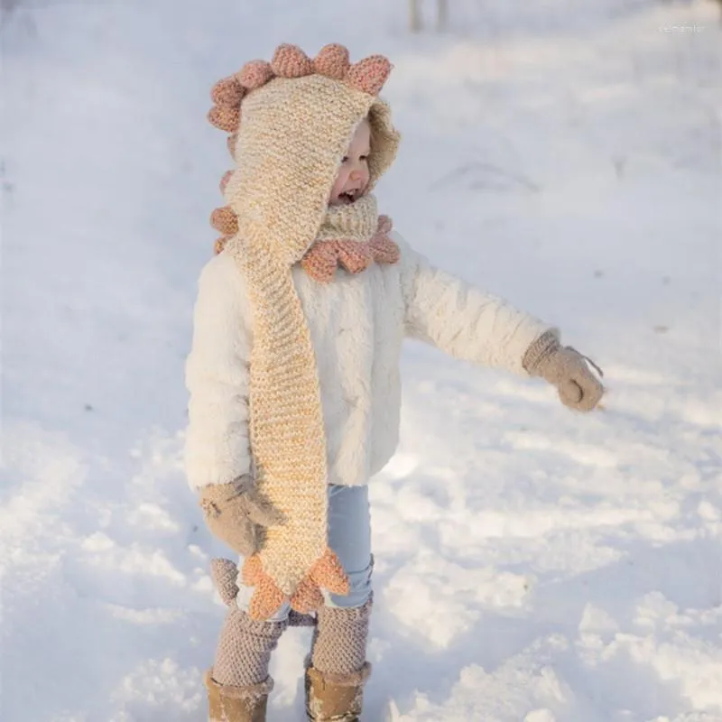 Berretti Berretto Sciarpa di dinosauro dei cartoni animati per bambini Cappelli di lana lavorati a maglia ispessiti caldi berretti autunnali e invernali per le donne