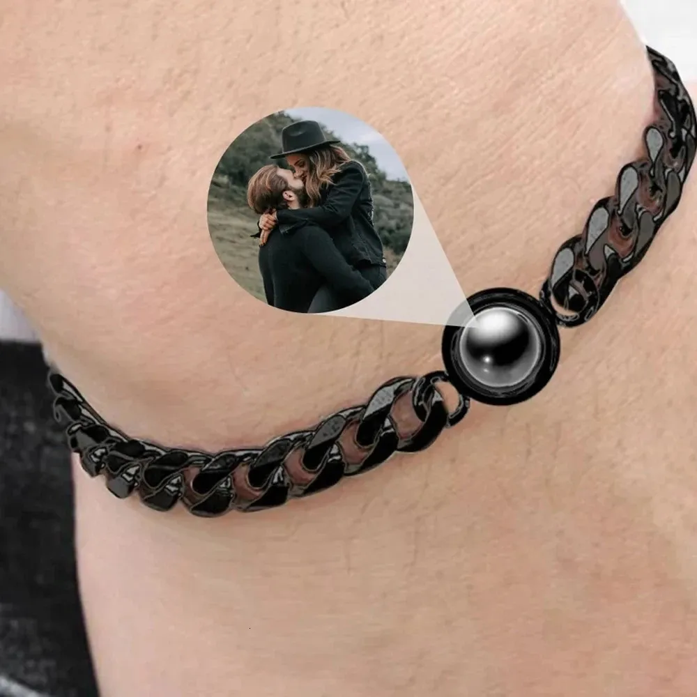 Bracelets de charme Custom Circle Pendentif Projection Po Bracelet avec couple Bijoux Cadeau commémoratif pour lui personnalisé chaîne cubaine hommes 231123