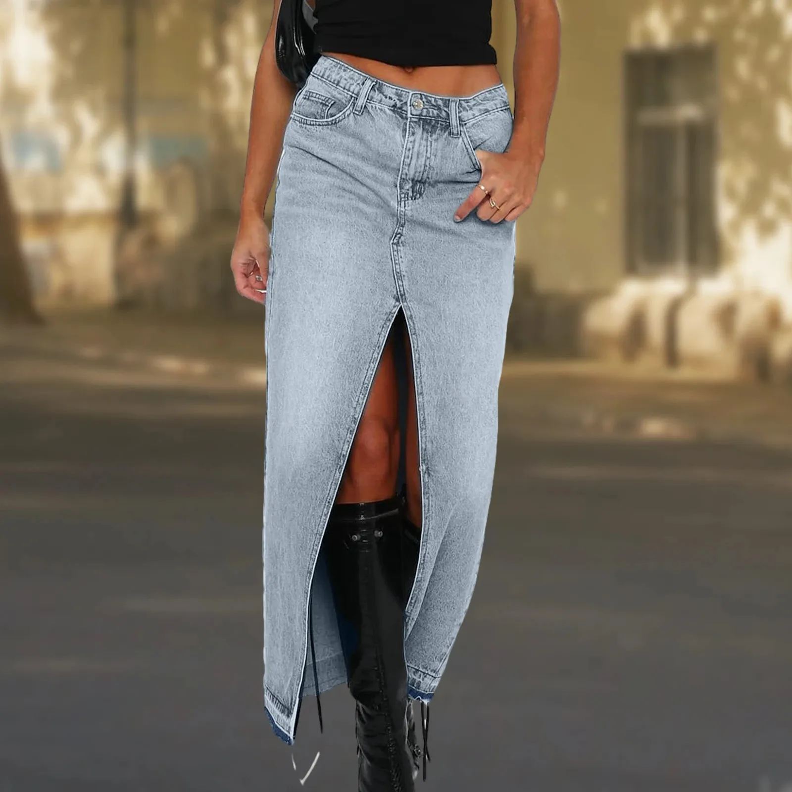 Long Denim Skirt with Slit - Womens High Waist Jean Skirt