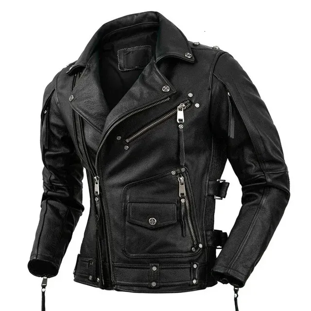 Mens Genuine Leather Motorcycle Jacket - Slim Fit, Stone Milled