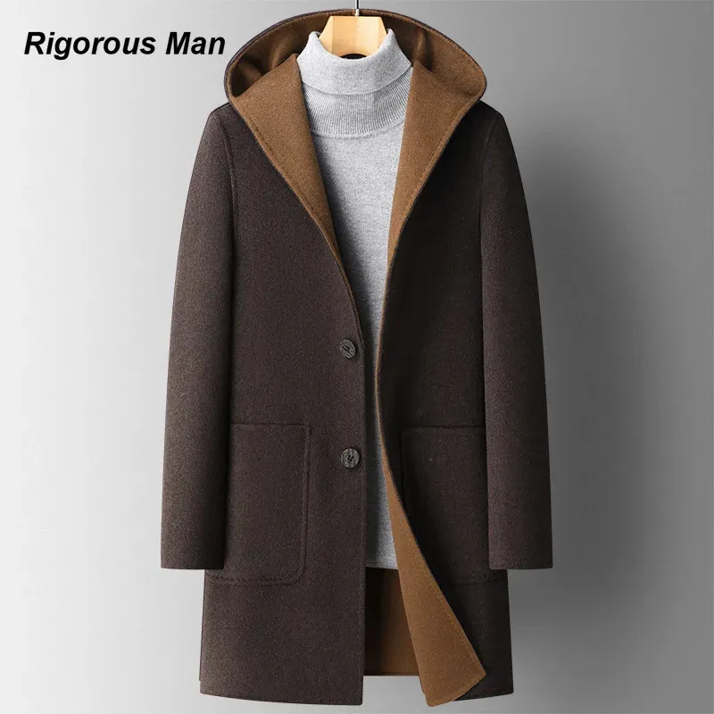 Män blandar Coat Winter Overcoat Trench Luxury Long Jacket med huva Casual Elegant Thicken Ytterkläder Ull Vindbrytare 231123