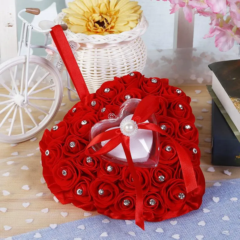 Smycken påsar bröllop gynnar ringbärare rosblommor hjärtformhållare kudde display kudde med transprent box valentins dag