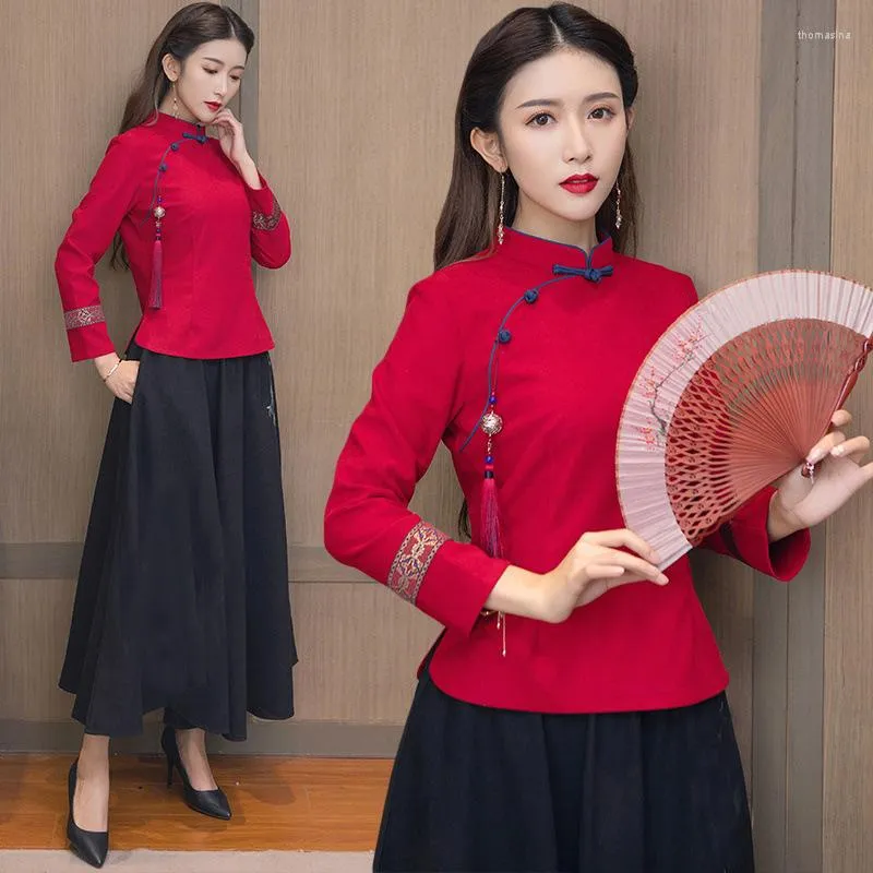 Ubranie etniczne panie chińskie wierzchołki Kobiety 2023 T -koszulka ukośna Tang Suit Qipao Cheongsam Top Style