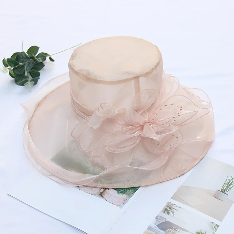 Cappello Donna In Organza A Tesa Larga - 4 Pezzi: Cappello Chiesa + Fiore Fascinator + Clip + Fascia, Regolabile