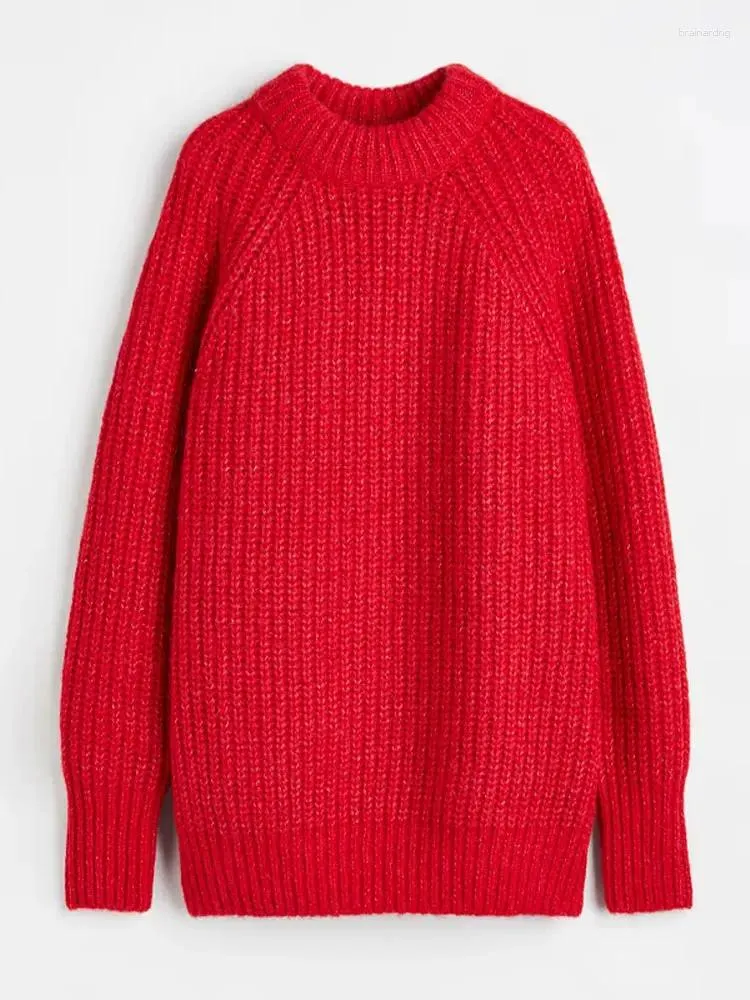 女性用セーターレッドかぎ針編みのニットリブリブoネック女性厚いプルオーバーロングスリーブソフトウォームシンプルシンプルなゆるいセーター秋のシックカジュアル