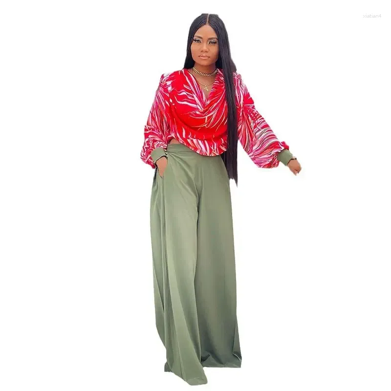 Calças femininas de duas peças roupas africanas para mulheres outono elegante manga longa com decote em v impressão 2 top pant conjuntos de correspondência roupas