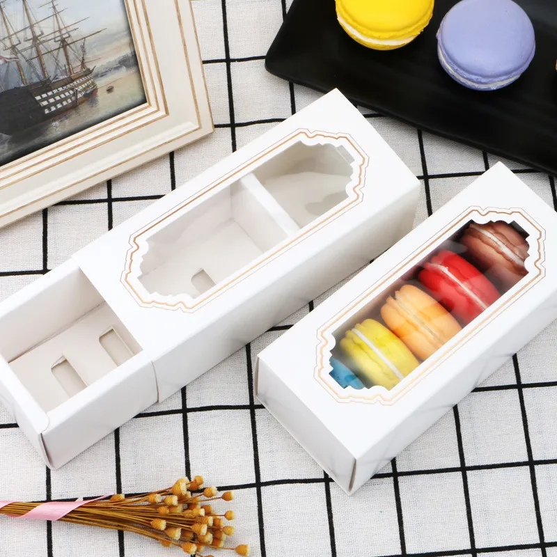 Transparent Macaron Box Drawer Box Chocolate Boxes Cake Boxes Cookies Biscuit White Paper Box 14.5*5.5*5cm Gift Boxes LX47