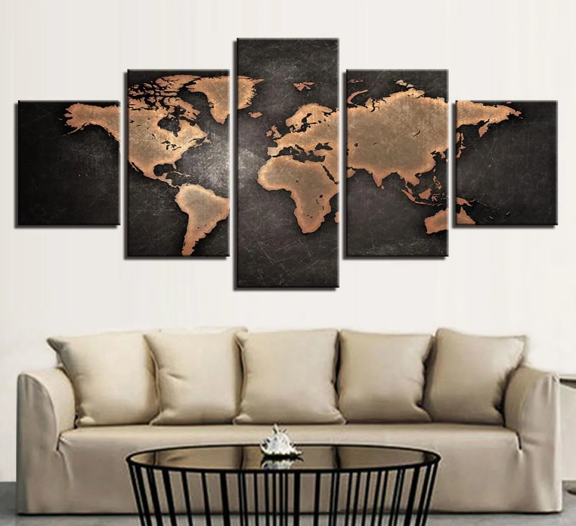 5 Piece Canvas Art Large Retro Map Golden World Map Poster och tryck Canvas Målning Bild Väggkonst för vardagsrum Heminredning8797861