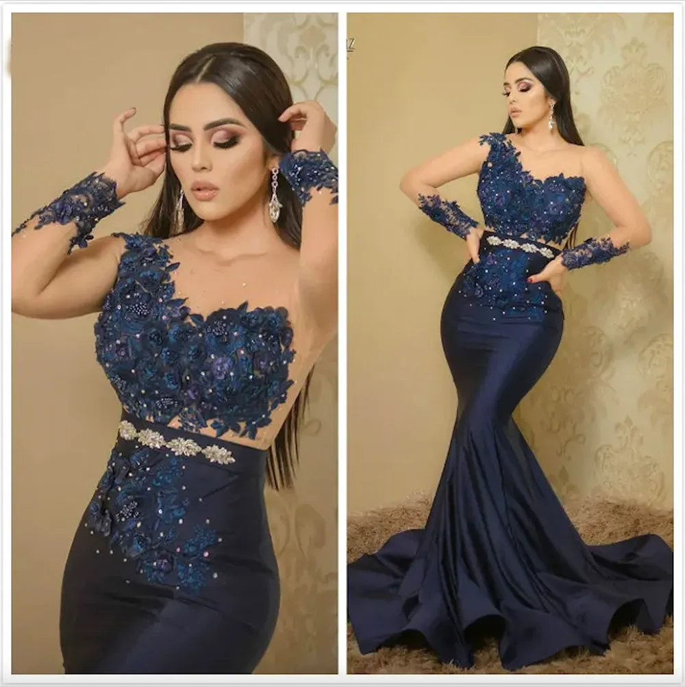 Aso ebi Arabic Navy Blue Romaid Вечерние платья кружевные выпускные платья с бисером