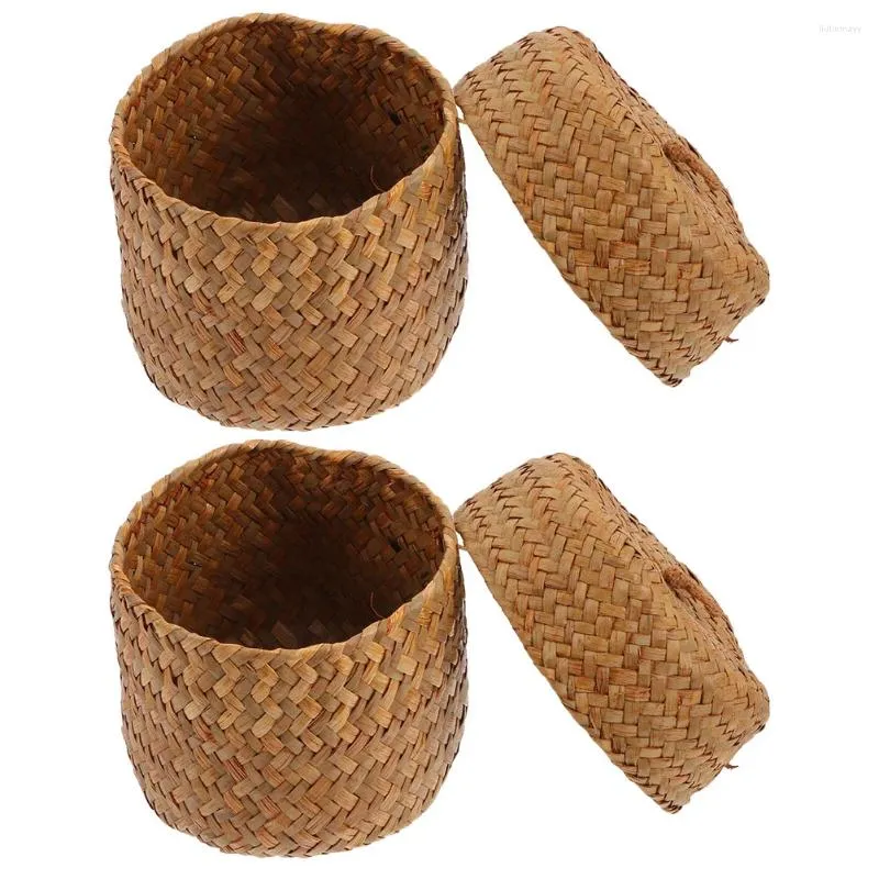 Vases 2 Pcs Flower Box Hand Woven Gift Basket Wicker Storage Baskets Lids Grocery Desktop Sundry Organizer Seaweed Small Containers