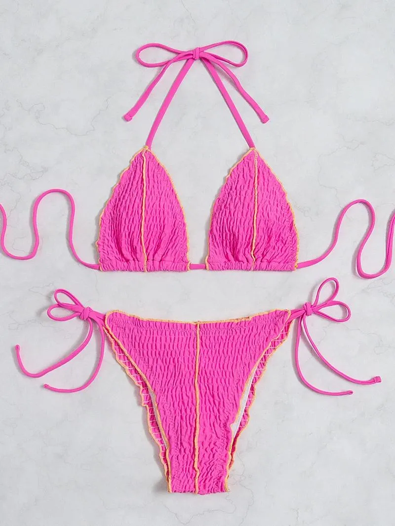 Halter String Bikini Set - Pink Patchwork Thong Swimsuit, Sexy Backless ...