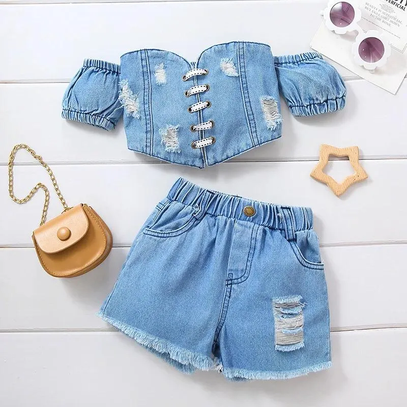 Clothing Sets 2Pcs Girl Denim Outfits Suits Off Shoulder Short Sleeve Lacing Crop Tops With Ripped Jeans Fashion Summer Girls Clothes