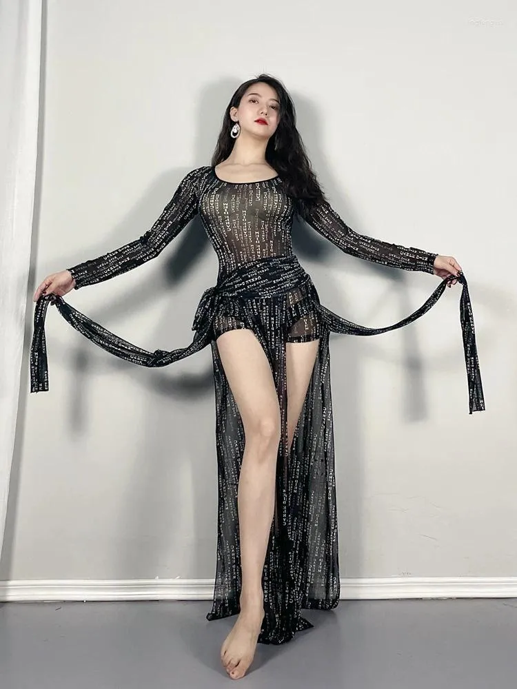 Scenkläder magdans kjol Kvinnor Kostymkläder Kvinna Silk Veil Sari Suits Sexig vuxna övningsdansdräkter