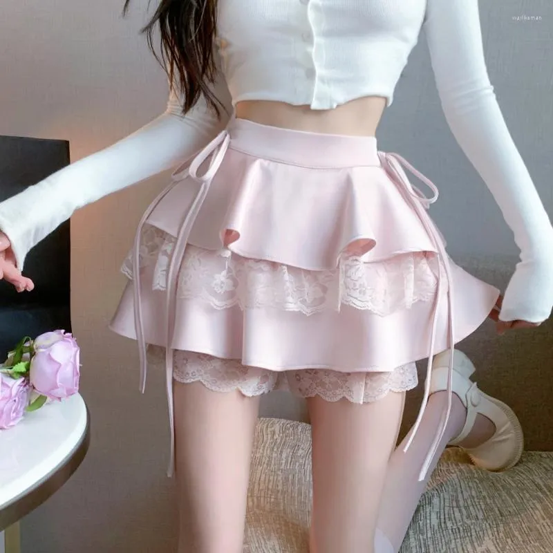 Spódnice różowa mini spódnica mini spódnica koronkowa patchworka dwuwarstwowa kawaii urocza wysokiej talii bandaż ciasto krótki styl lolita