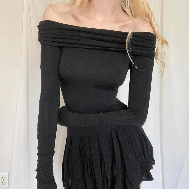 Casual Dresses Elegant Women Spring Summer Mini Dress Black Long Sleeve Off Shoulder Pleated Hem Party Streetwear Outfits