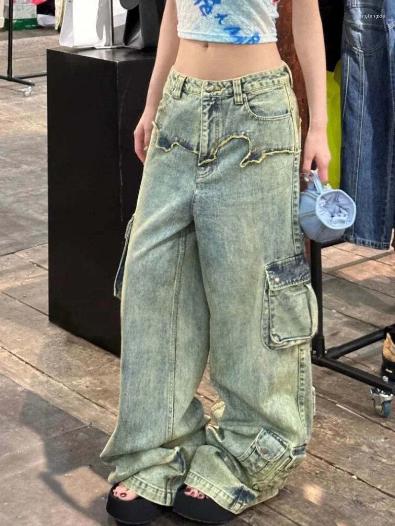 Jeans pour femmes lavés poche cargo femmes mode haute rue jambe droite pantalon ample américain rétro hip-hop y2k fille pantalon