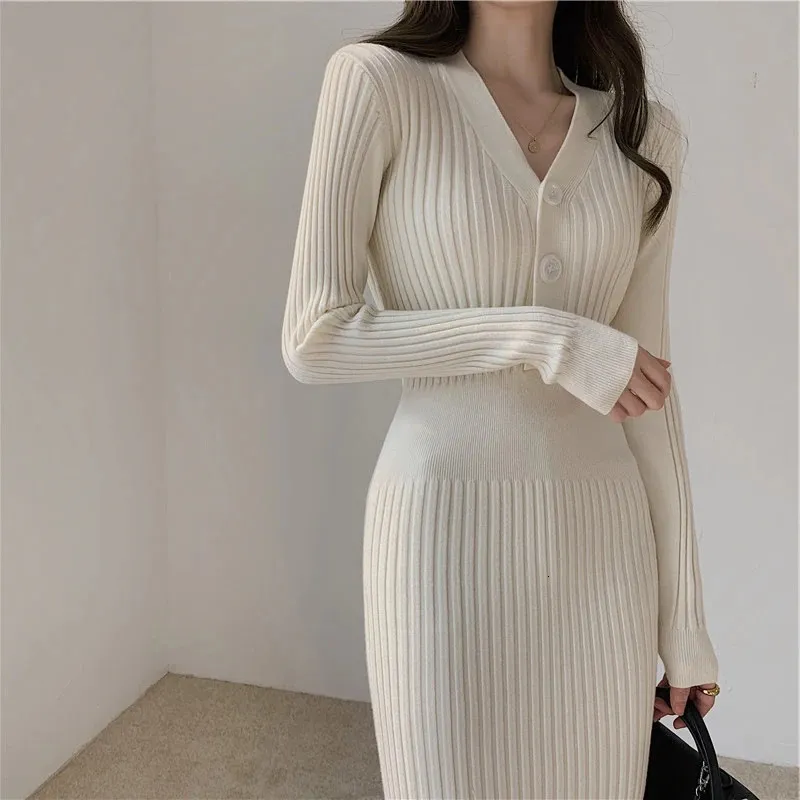 Basic Casual Dresses Vintage Knitted Sweater Long Sleeve Dress Womens Slim Body Korean Elegant AutumnWinter Button VNeck Midi 231122