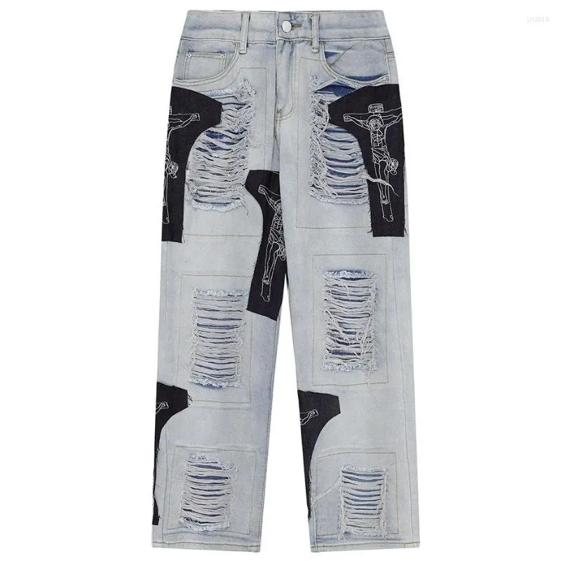 Jeans voor heren High Street Destroyed broek voor heren met patchwork mode losse pasvorm Y2K denim broek streetwear oversized hiphop broek