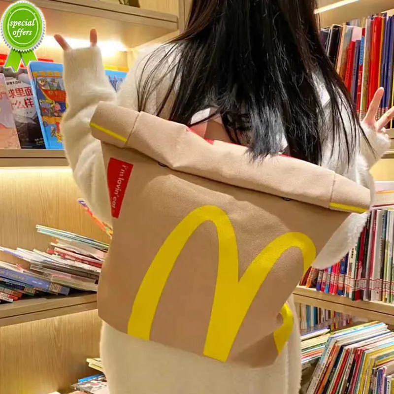 Komik sevimli çizgi film yeni patates kızartması ambalaj çantaları öğrenci kadın okul çantası tuval backpack büyük kapasiteli haberci çanta çanta