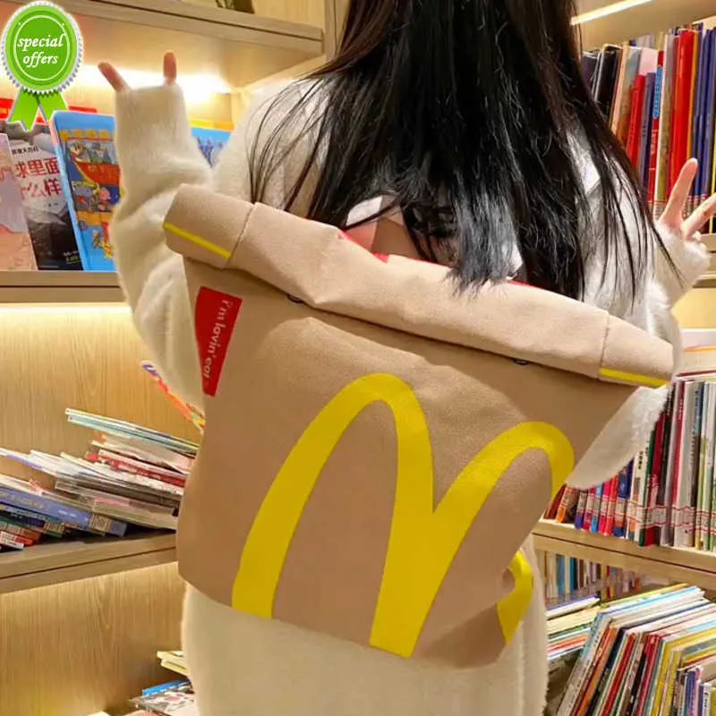 Divertido lindo dibujo animado nuevas patatas fritas bolsas de embalaje estudiante mujer mochila de lona mochila de gran capacidad bolsa de mensajero bolsos