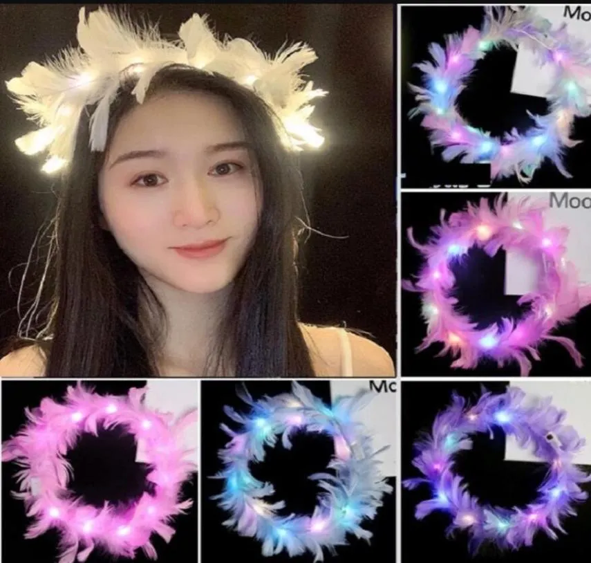 LED Light Feather wieniec Halo Bridal Floral Crown Hair Band Wrenik Mennica Wreńczyk impreza Weddna nakrycie głowy