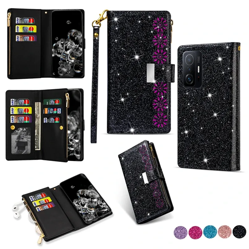 Luxe Flip Glitter Lederen Portemonnee Tas Case Voor Xiaomi Mi 12T 11T Pro 13 Ultra 13 12 10T Lite 12X 12S Pro Kaarthouder Magnetische Stand Cover