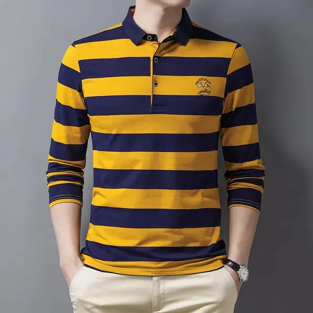 Mens Casual Shirts Stripe Men Polo Shirt Cotton Long Sleeve Shirt