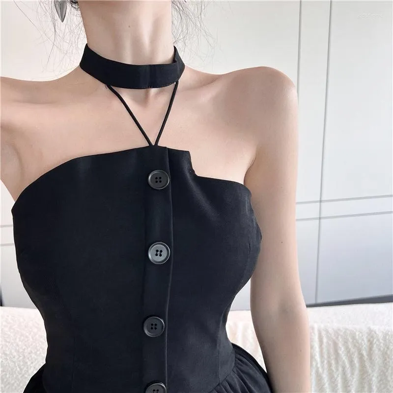 Casual Dresses Summer Franch Strapless Halter Neck Mini Ball Gown Dress Girls Elegant Stretchy Back Solid Black A-Line For Women